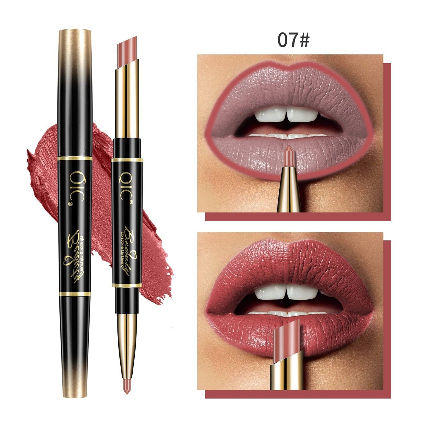 Lipstick with gold cap and black body, shown on lips with close-up swatch.