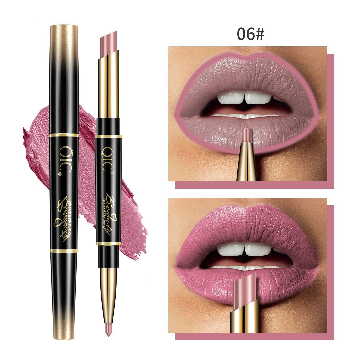 Lipstick with gold and black casing, applied on lips with close-up shots.