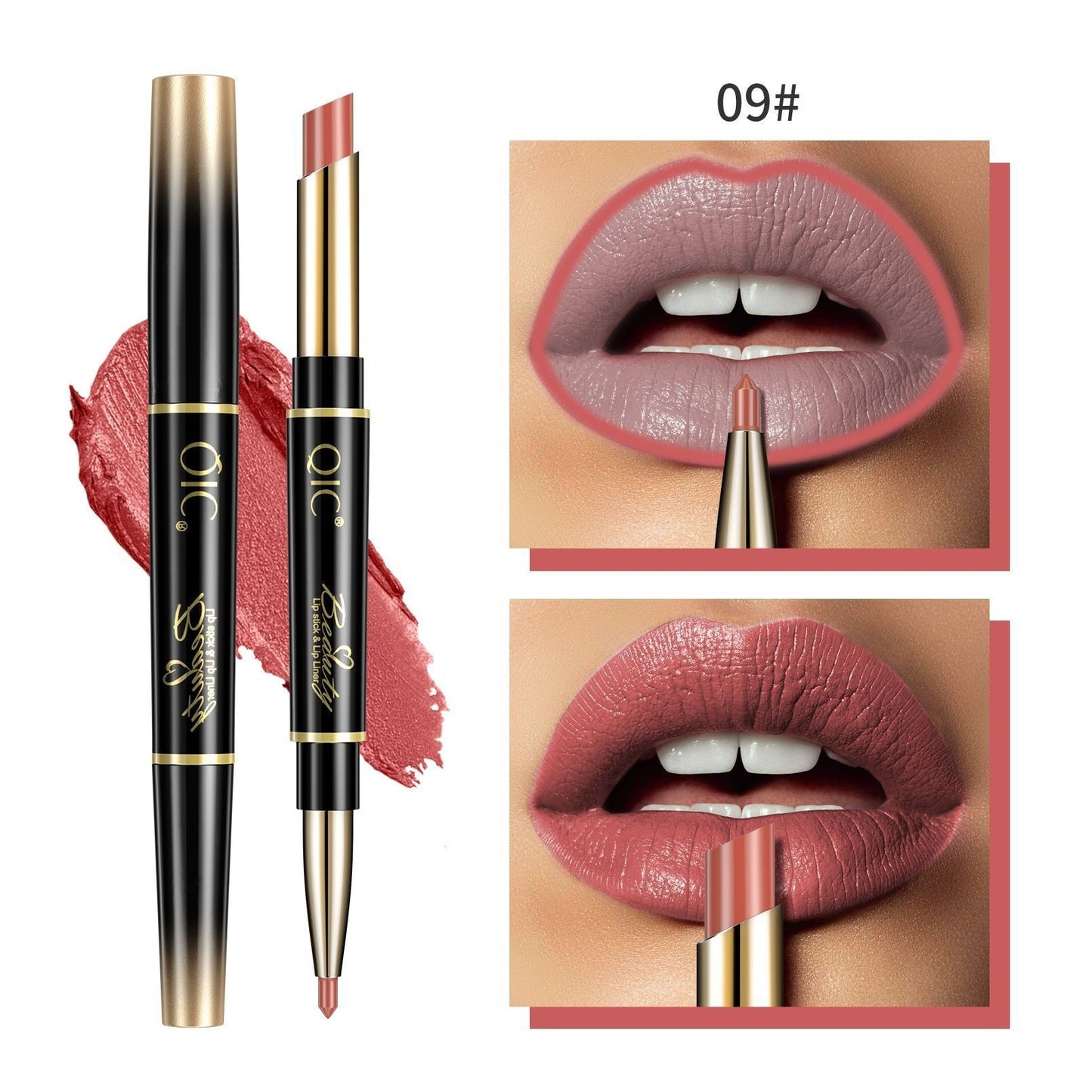 Lipstick with gold cap and black body, shown on a white background with close-up of lips wearing the shade.