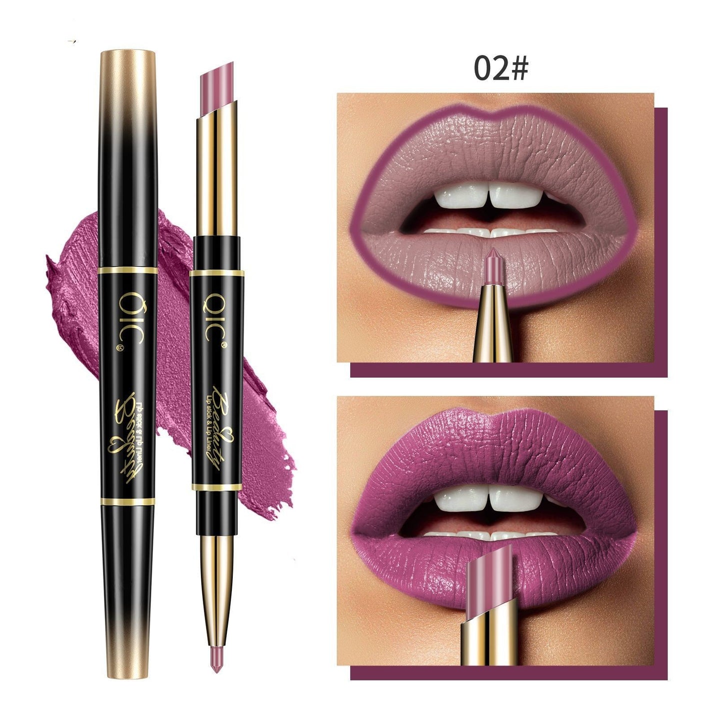 Lipstick with gold cap and black body, shown on a white background with close-up of lips wearing the color.