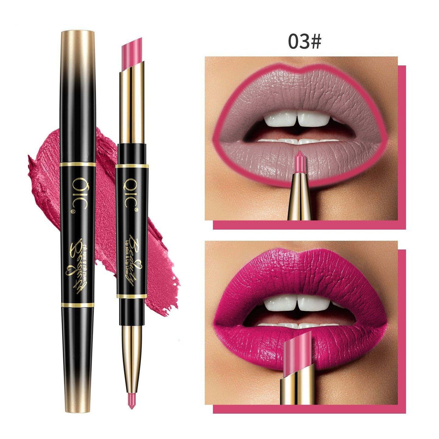 Lip liner with pink color swatch and application on lips