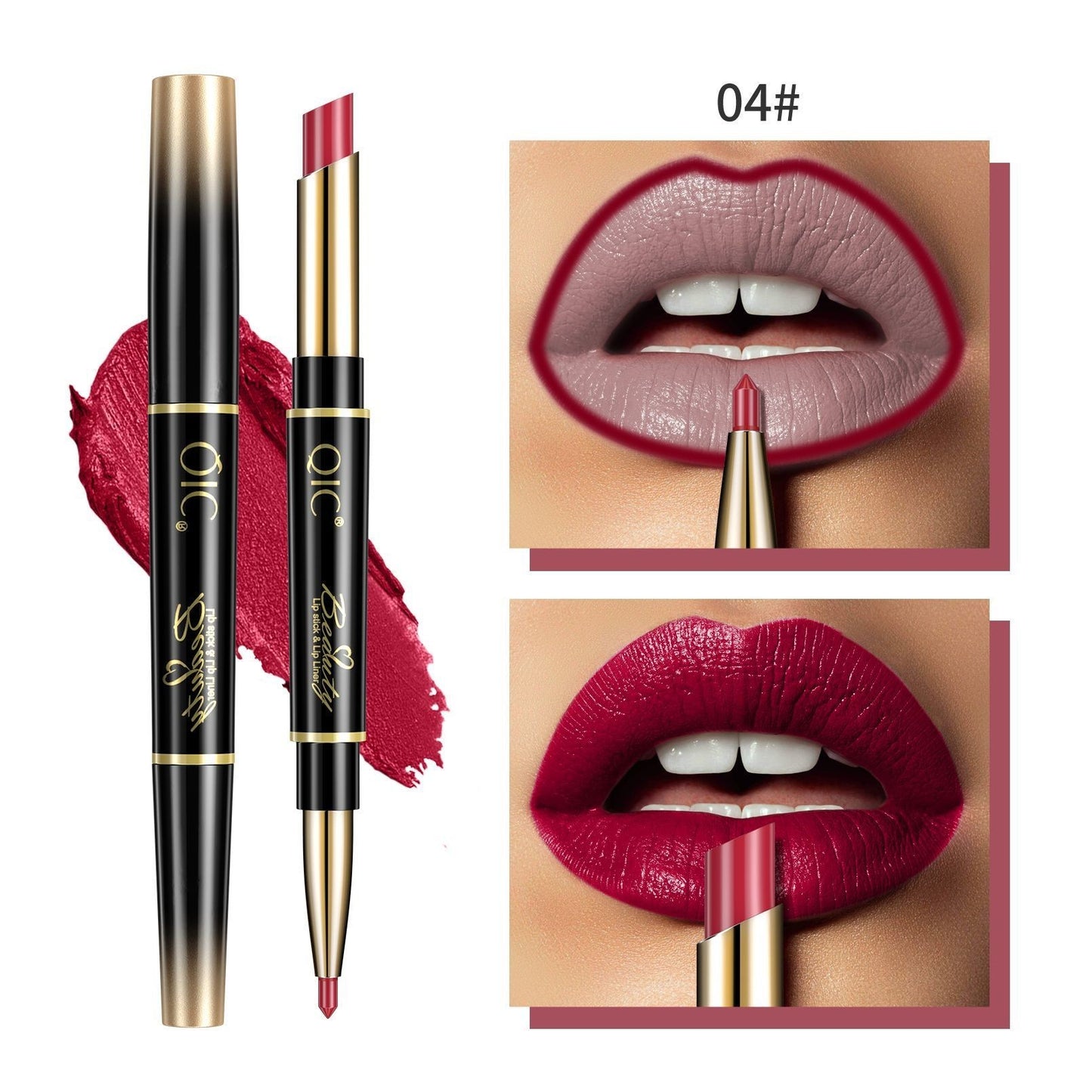 Lipstick with gold and black casing, shown on lips with close-up details.