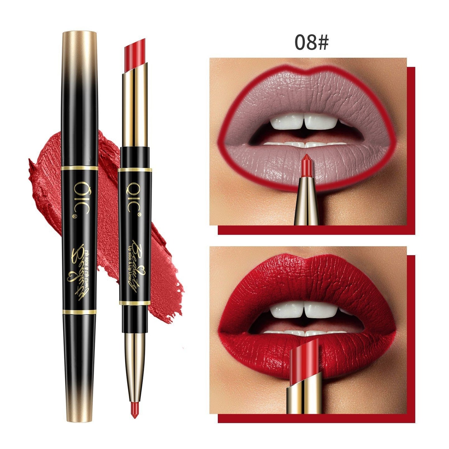 Lipstick with gold cap and black body, shown on a white background with close-up of lips wearing the lipstick.