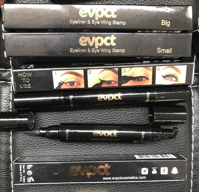 Evpct eyeliner and eye wing stamp set with packaging on a textured surface