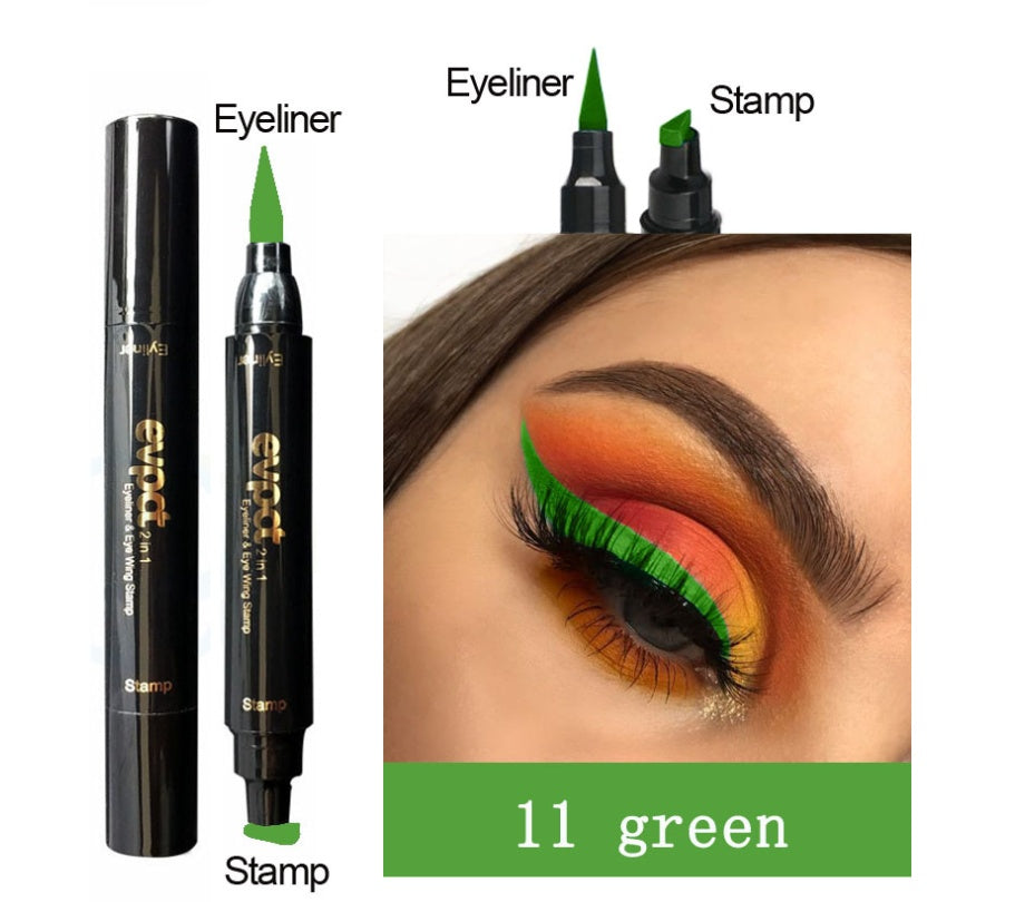 Green eyeliner with stamp and applicator, shown on a model's eye with color swatch labeled '11 green'.