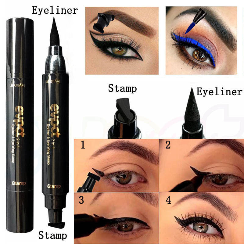 Eyeliner pen with stamp and usage examples on a white background