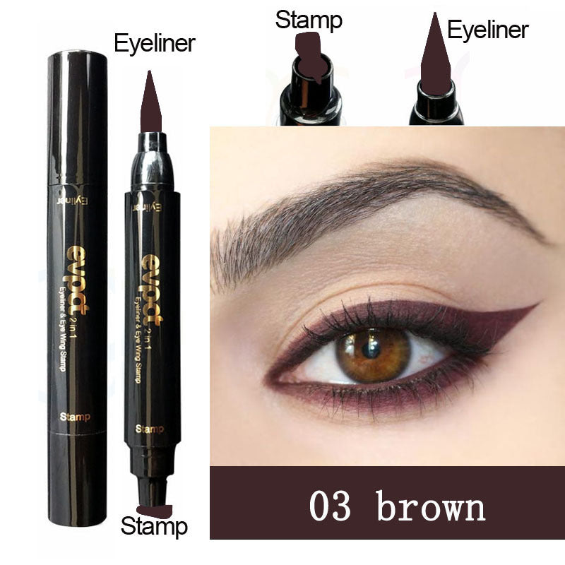 Eyeliner product with stamp and close-up of eye wearing brown eyeliner.