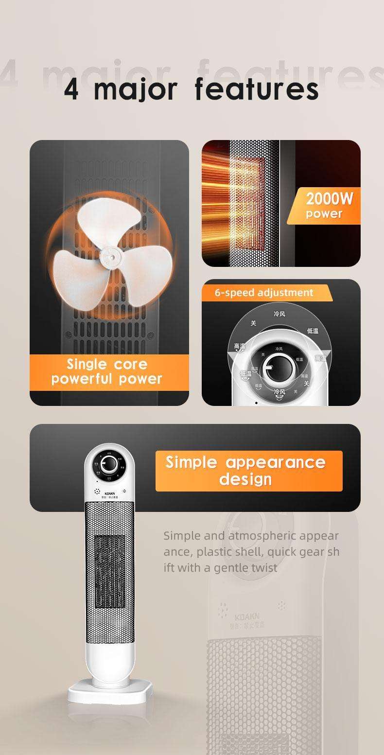 White tower indoor heater with simple dial control and mesh air intake, upright