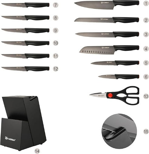 15 Pc Black Titanium Knife Set 15-Piece Knife Set, High Carbon Stainles | Ectron Online