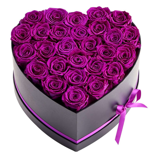 27 Real Preserved Roses in Heart-Shaped Box - Eternal Purple Flower Bouquet Gift for Her