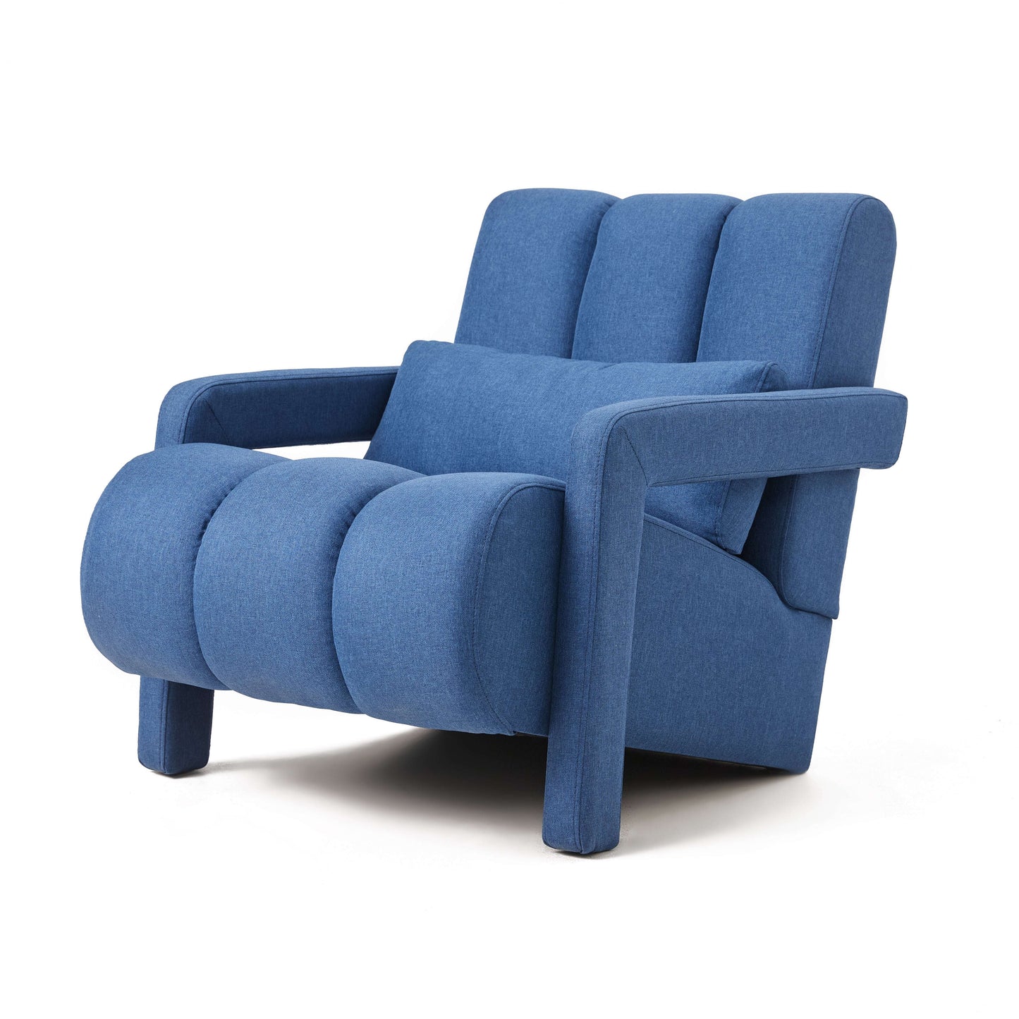 Dark blue upholstered accent chair with thick rolled seat and back cushions