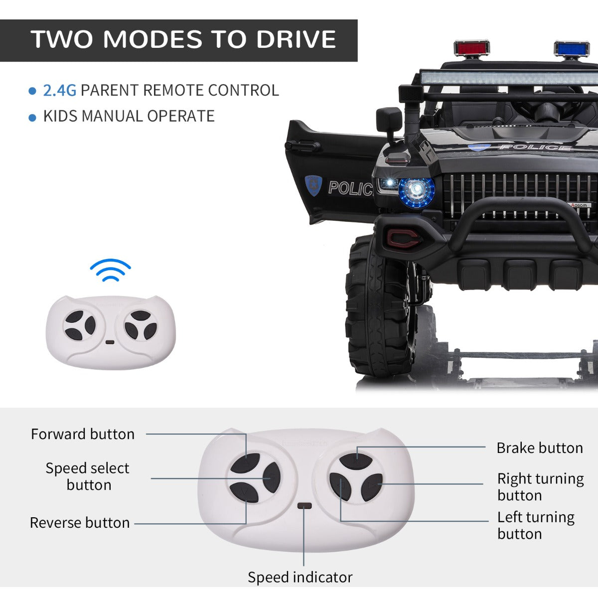 12V Kids Ride-On Police Truck Kids Ride-On Car 12V RC 2-Seater Police | Ectron Online
