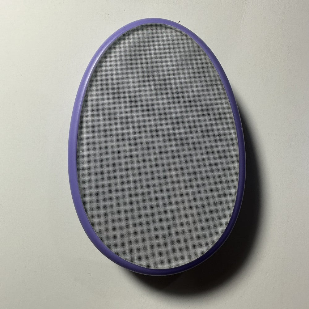 Purple-framed nano-glass hair remover pad with smooth oval glass surface.