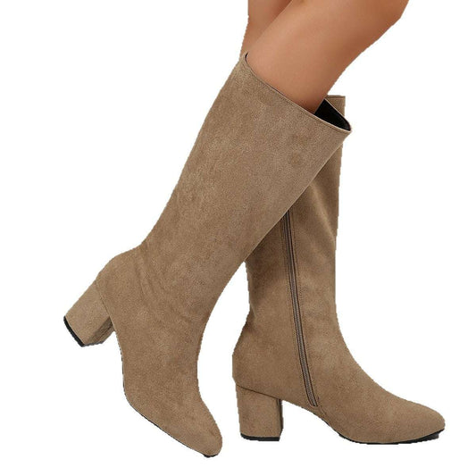 Wide Pointed Toe Chunky Heel Below The Knee Long Boots