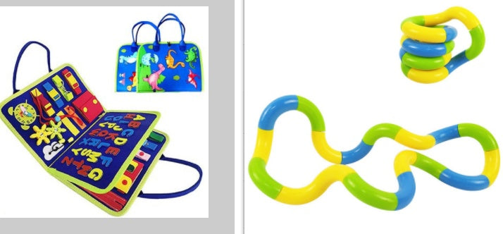 Colorful educational toy with letters and numbers on one side and a set of interlocking rings on the other, against a white background.