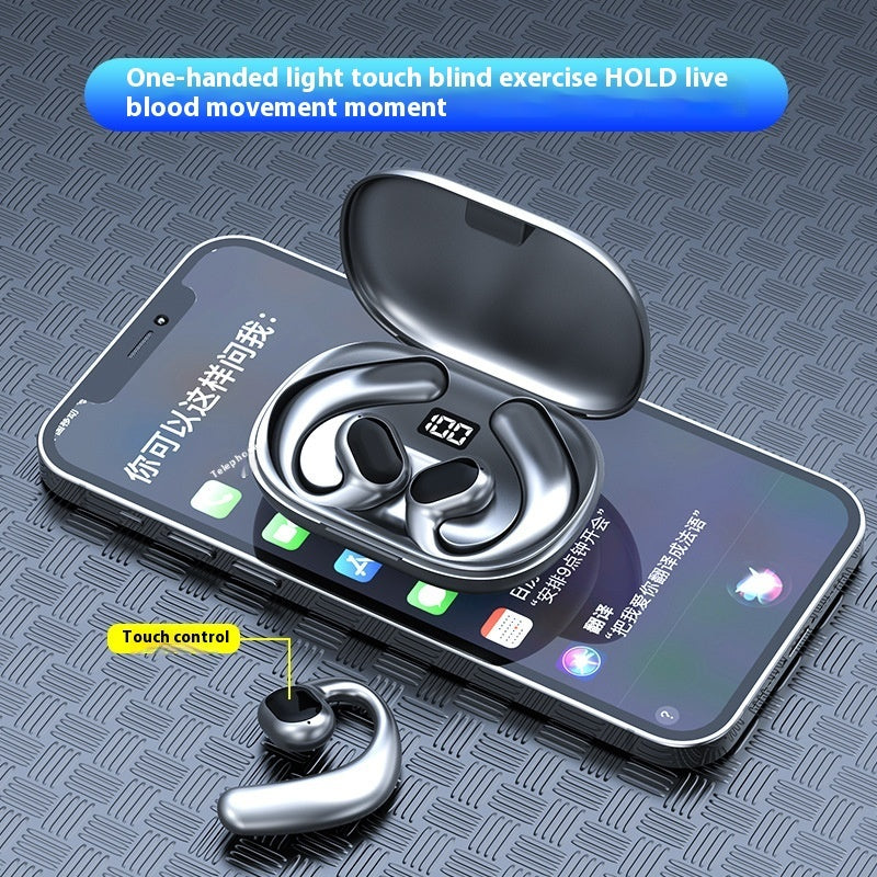 Wireless earbuds with charging case on a smartphone display, on a textured gray background.