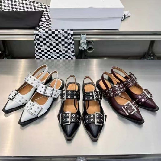 Pointed Toe Leather Mules – Flat Sandals with Belt Buckle Pointed Toe Belt Buckle Mules Leather Fl | Ectron Online