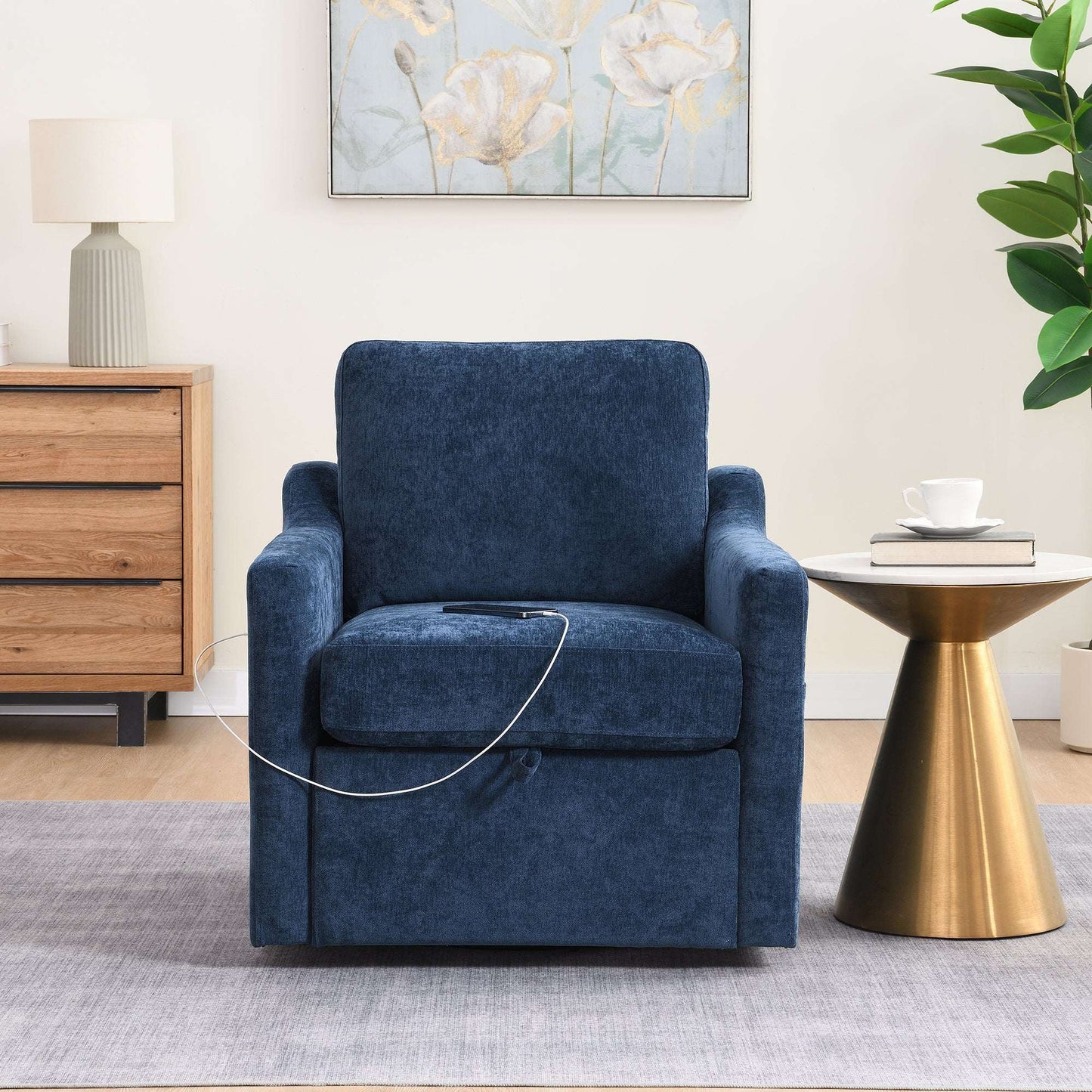 Navy blue chenille accent chair with tall back and curved armrests, front view