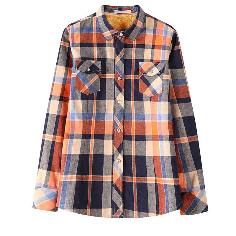 Middle-aged And Elderly Fleece-lined Thickened Cold Protection Plaid Long-sleeved Shirt