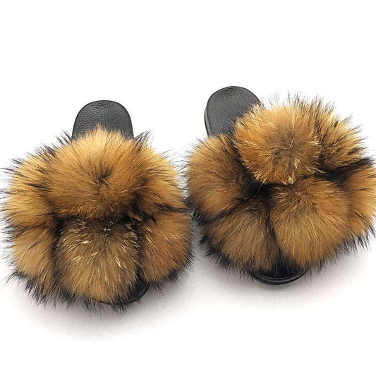 Fox Fur Ball Slippers For Outer Wear