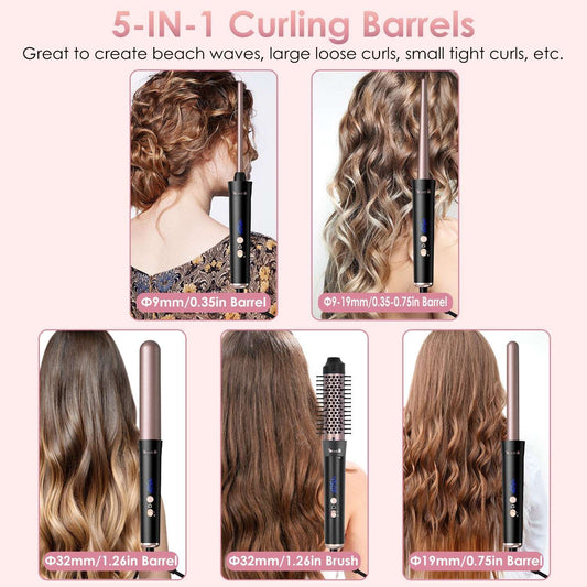 5-in-1 Curling Wand & Thermal Brush Set - Anti-Tangle Hair Curler 2 Type Options--1Pc 5 In 1 Curling Wand | Ectron Online