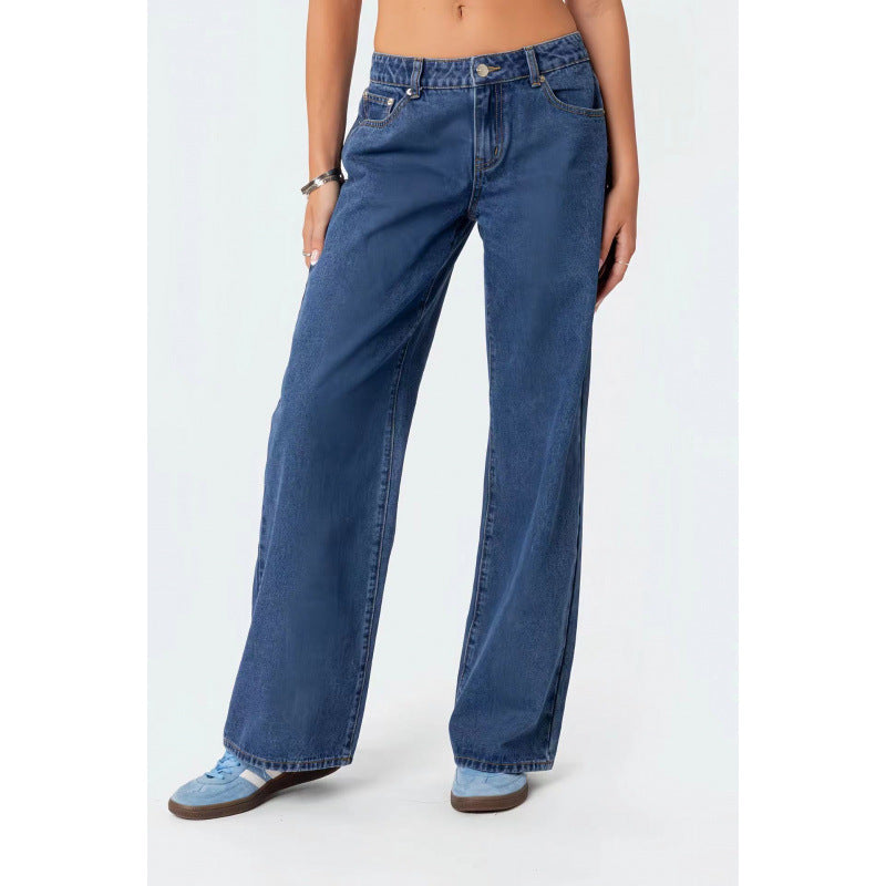 High-waisted wide-leg mopping jeans in dark blue denim, full-length wide-leg shape