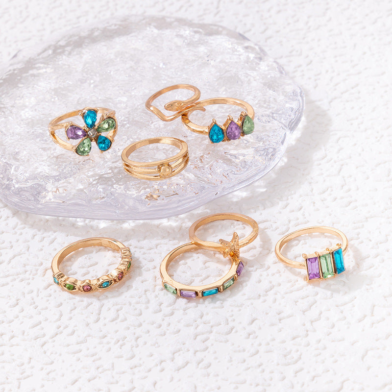 Colorful Crystals Flower Geometric Snake Shaped Scallop Eight-piece Set Ring