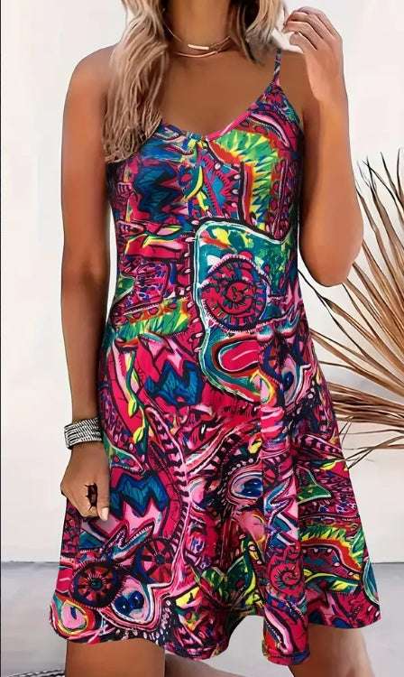 Abstract Print Backless Cami Dress, Vacation Sleeveless V-neck Dress, Women's Clothing