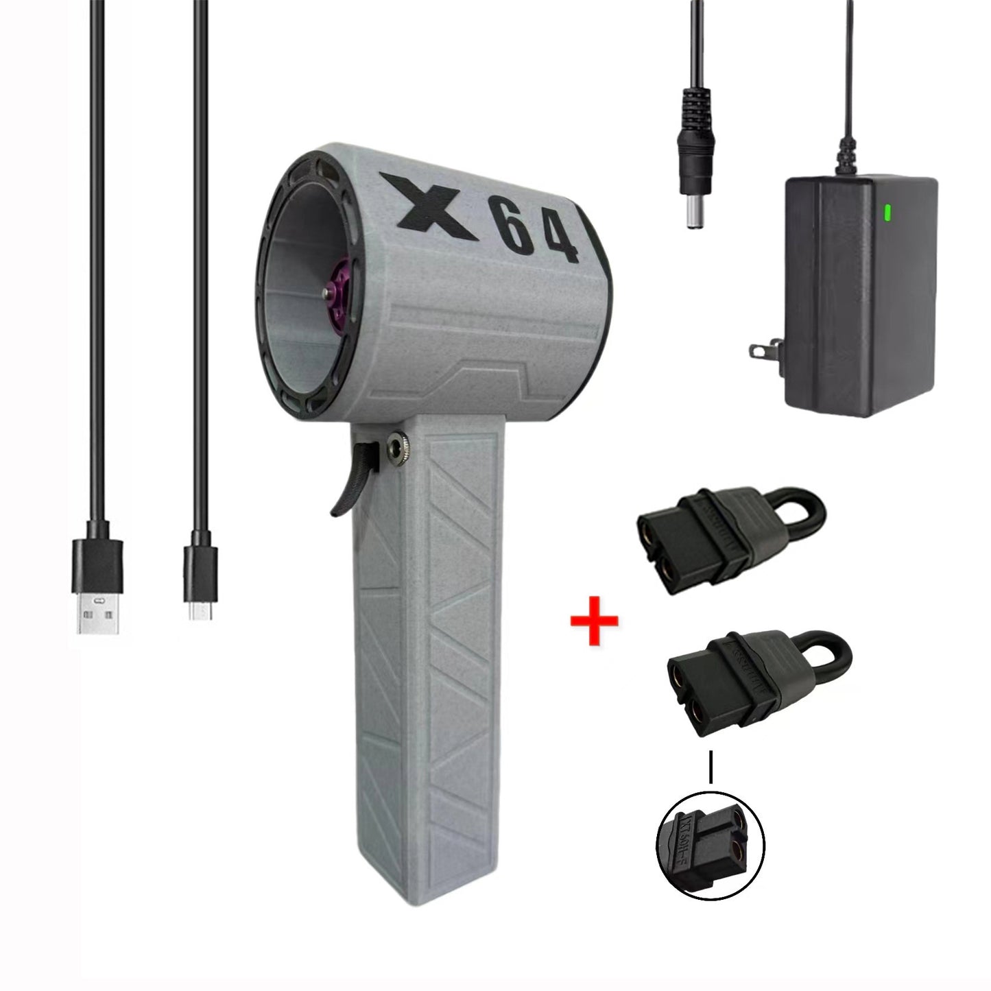 Gray handheld device with 'X 64' branding, power adapter, USB cable, and additional attachments on a white background.