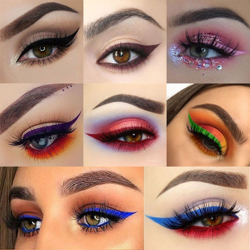 Collage of various eye makeup looks with different colors and styles.