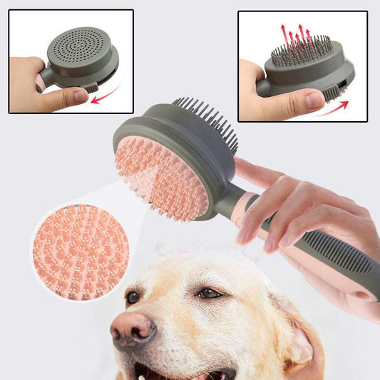 A hand holding a pet hair removal brush with a comb-like structure on one end and a massaging brush on the other, demonstrating its use on a dog's head.