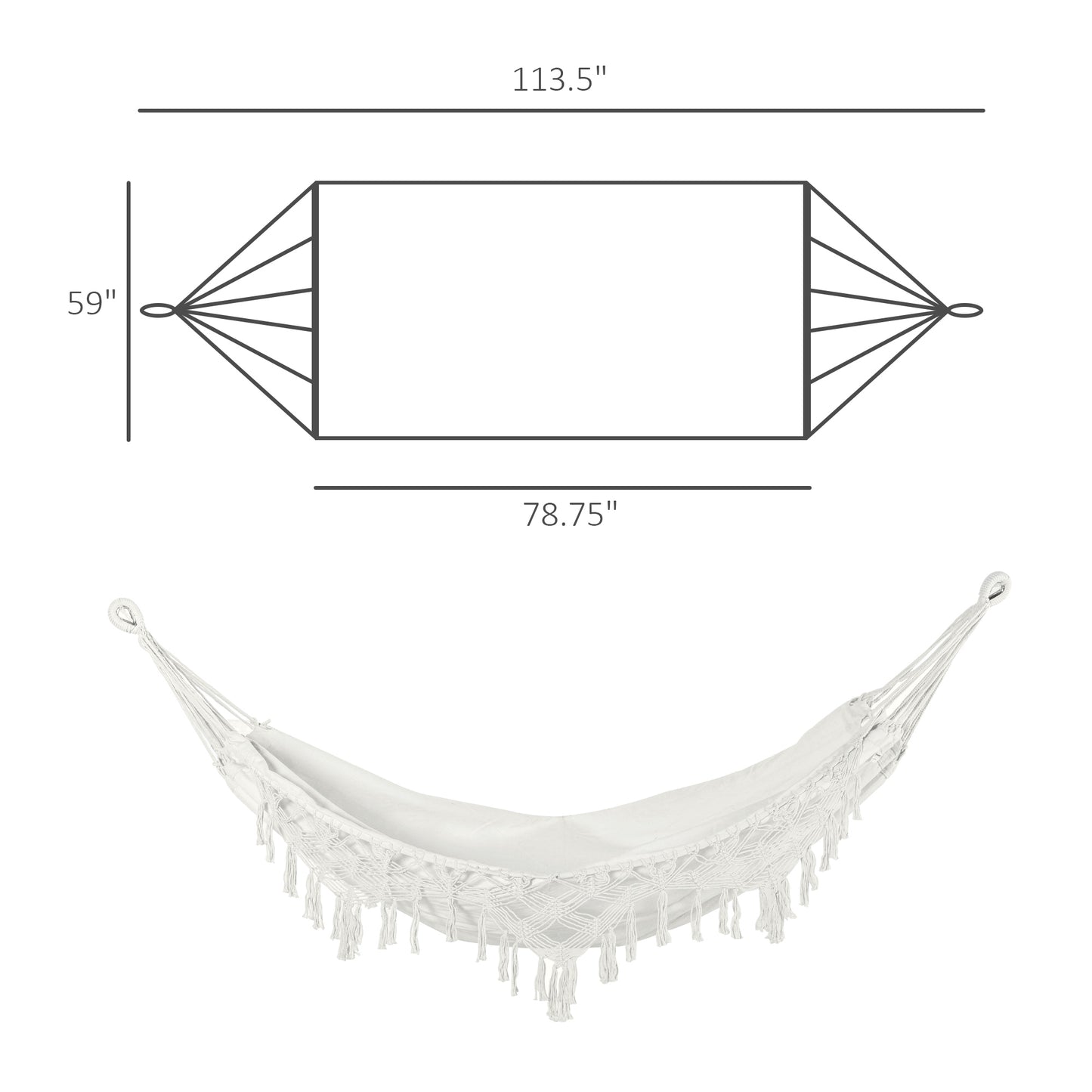 White boho macrame hammock with tassel fringe shown with size outline
