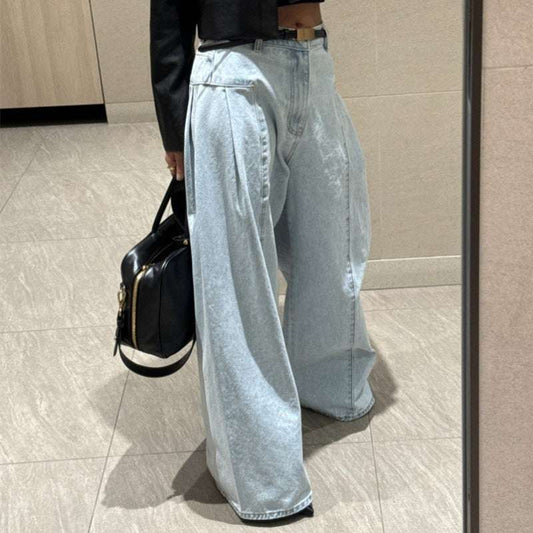 Women's Korean-style Temperament High Waist Pleated Stitching Wide-leg Jeans
