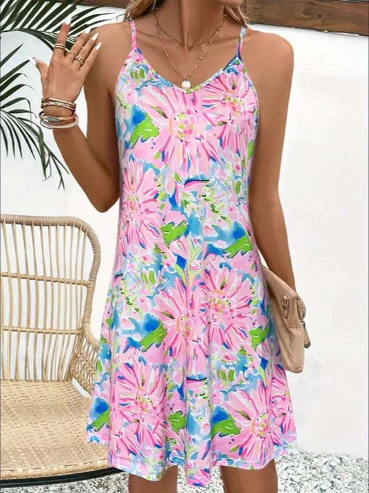 Floral Print Spaghetti Strap Dress, Elegant V Neck Sleeveless Cami Dress For Spring & Summer, Women's Clothing