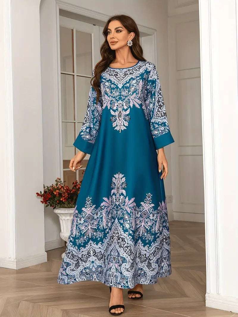Printed Long Kaftan Dress - Long Sleeved, Round Neck With Bead Embellishment