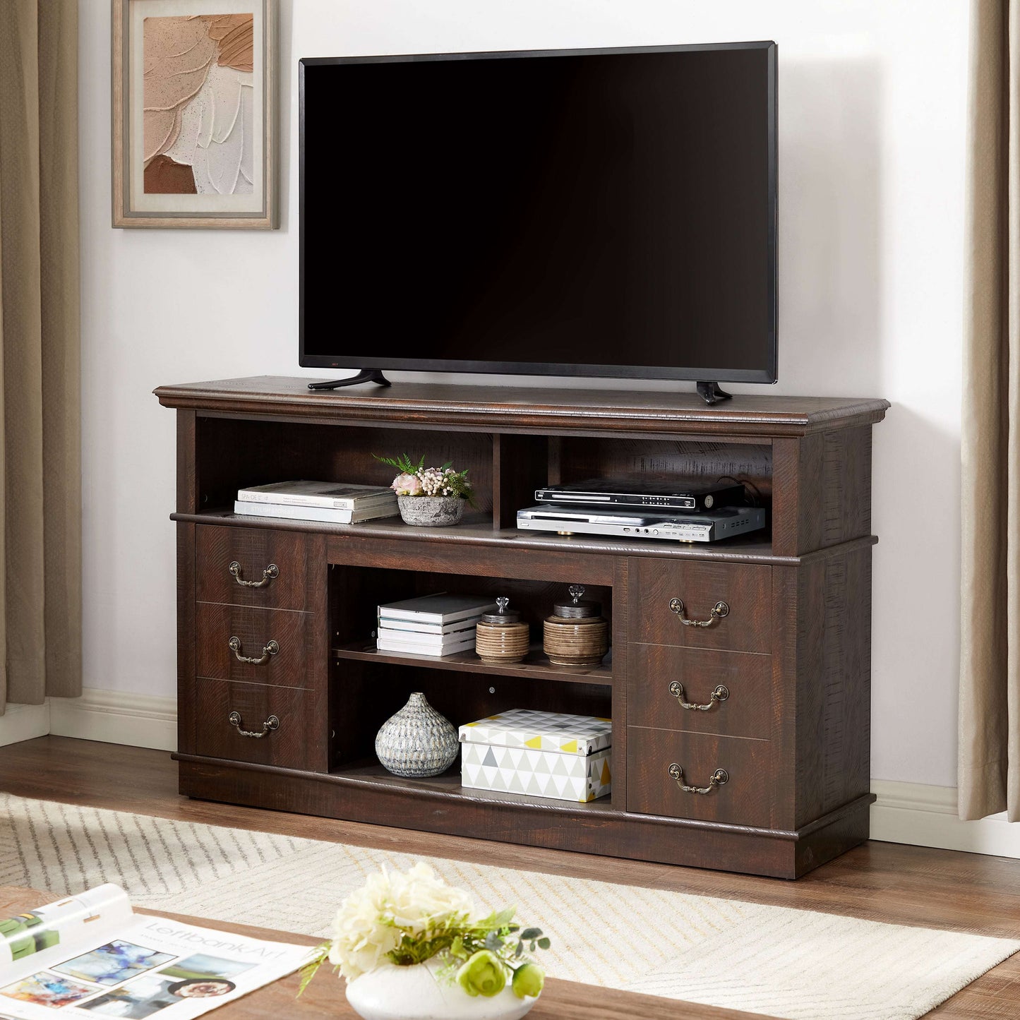 Espresso TV stand with multiple drawers and open cubby storage beneath the top