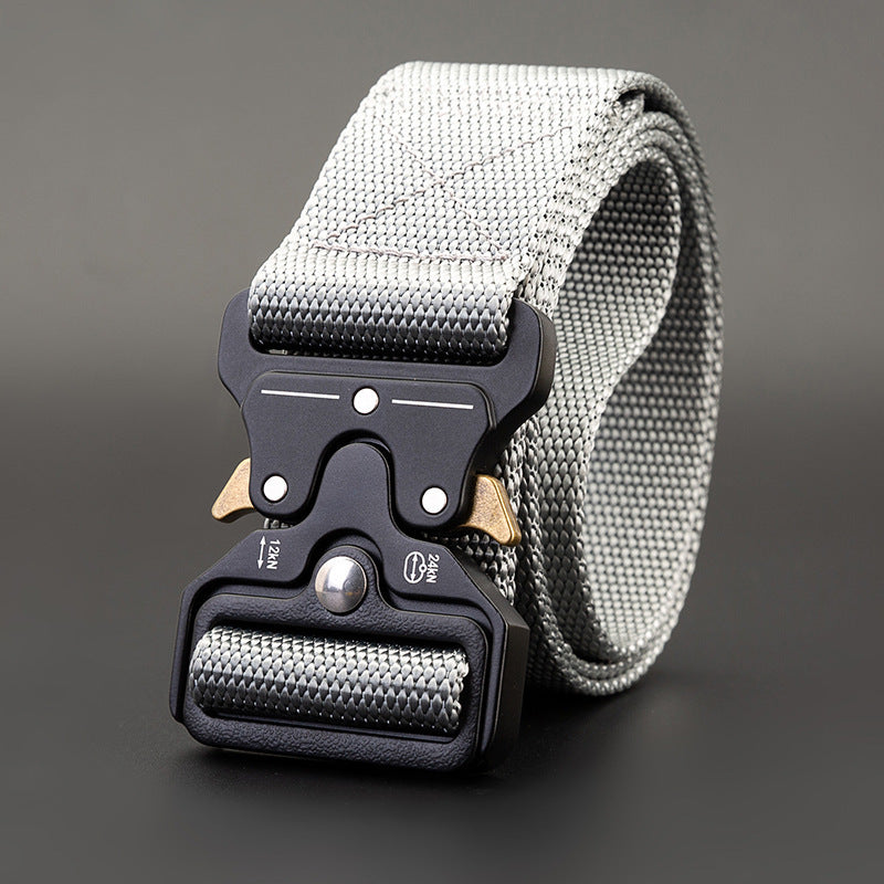 Men's Outdoor Nylon Elastic Buckle Belt Work Clothes Belt in gray with secure buckle and durable design.