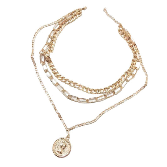 Fashionable All-match Alloy Multi-layer Beauty Head Pendant Necklace