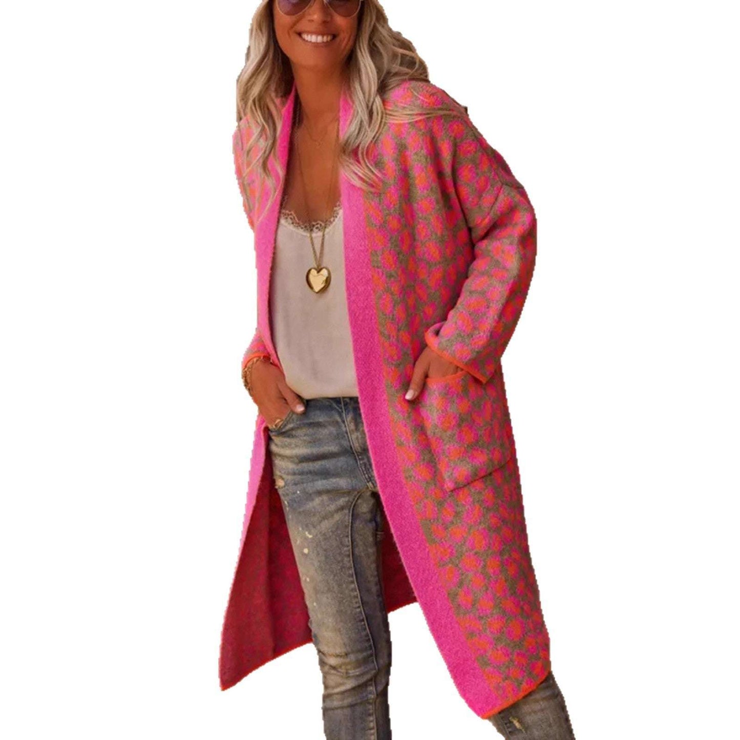 Contrast Leopard Print Long Knitwear Coat