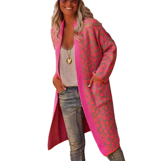 Contrast Leopard Print Long Knitwear Coat Contrast Color Leopard Print Long Knitwe | Ectron Online