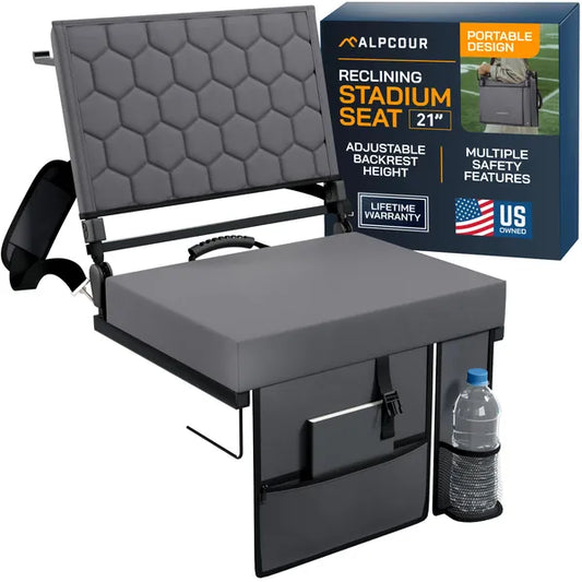 Gray reclining stadium seat with adjustable backrest height, featuring ALPCOUR branding.