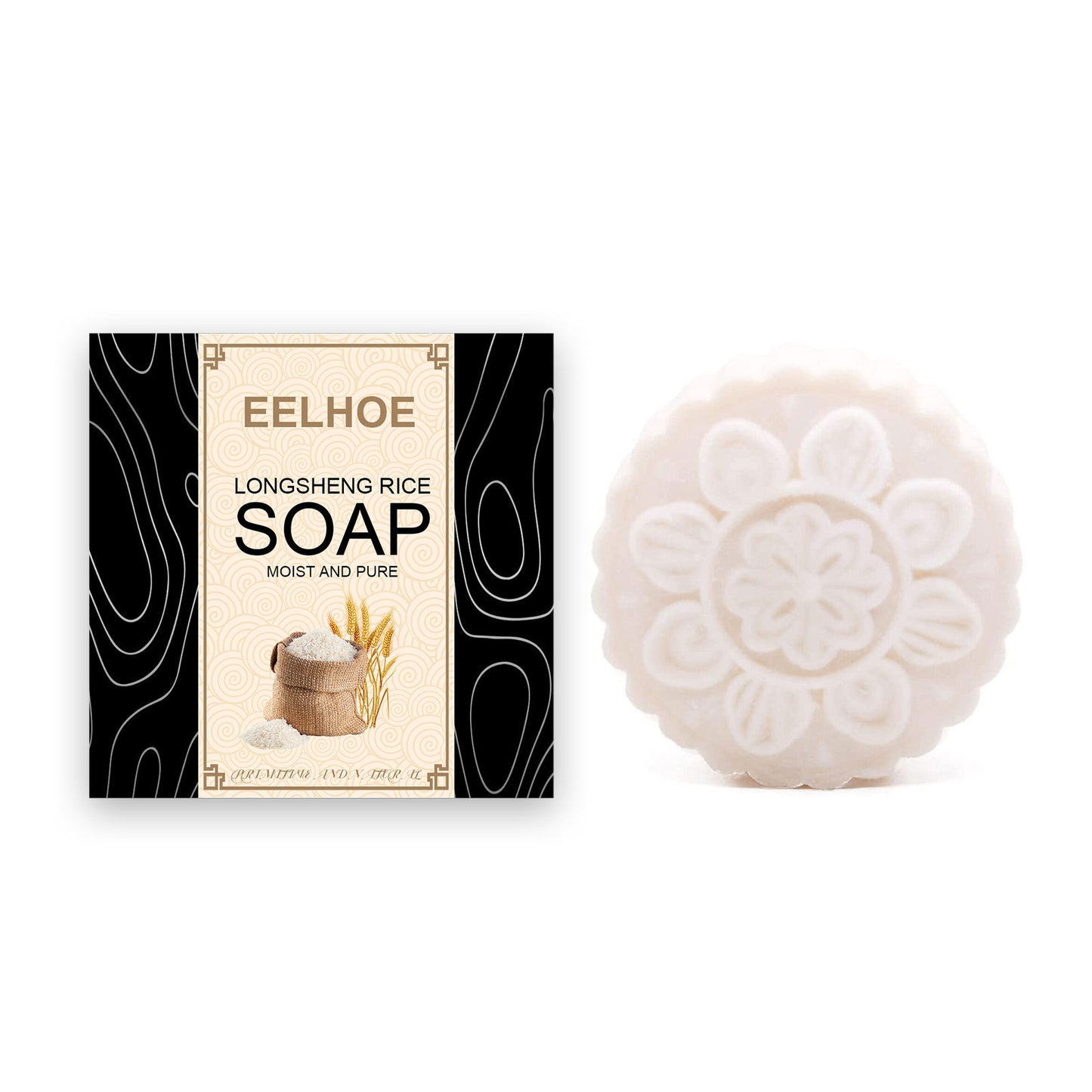 Eelhoe Longsheng Rice Soap with packaging on a white background