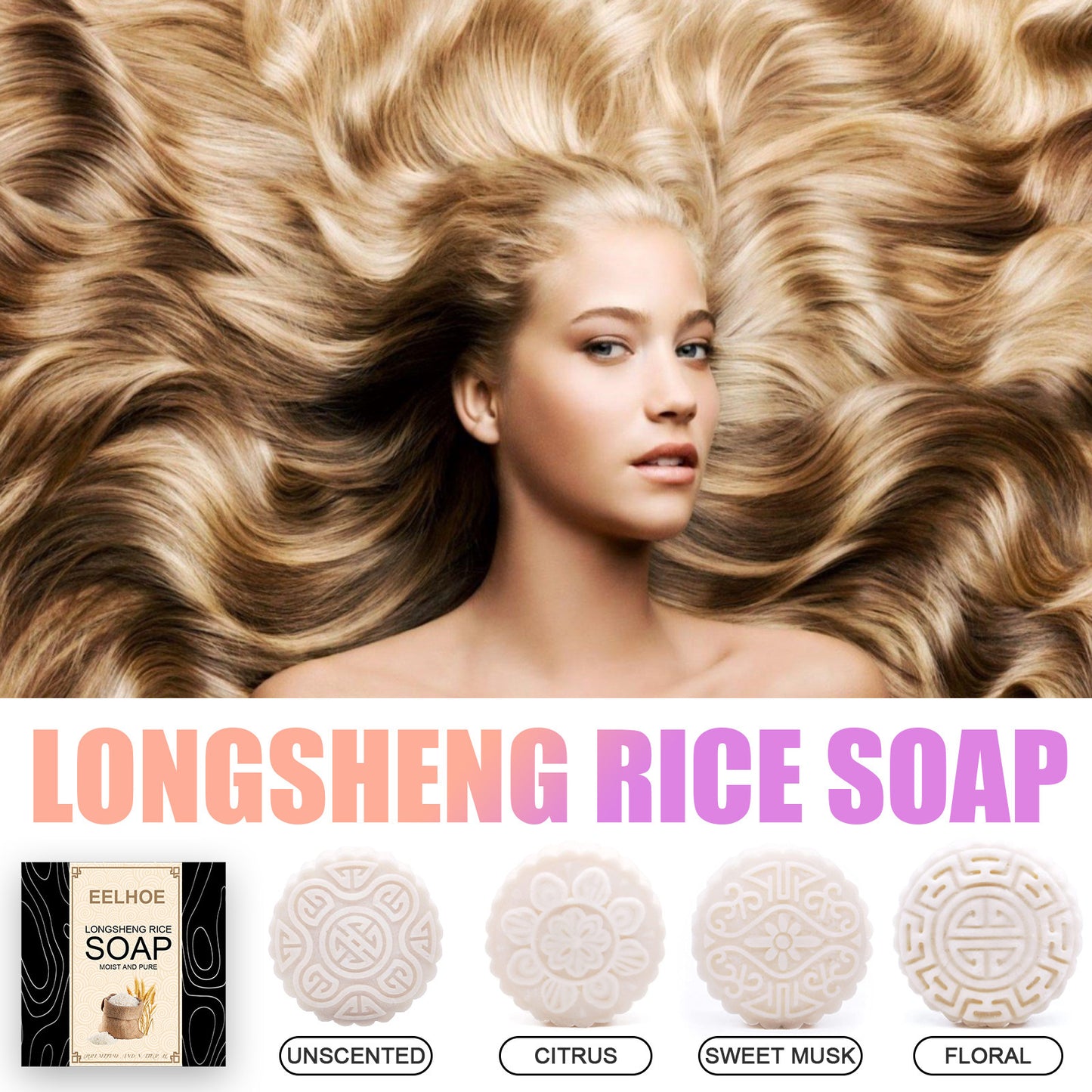 Woman with long, wavy hair surrounded by Longsheng Rice Soap packaging and scents.