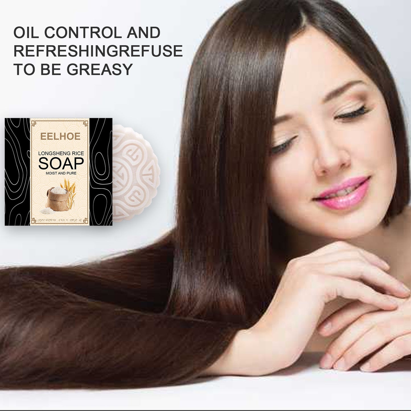 Woman with long hair and a box of Eelhoe soap on a white background