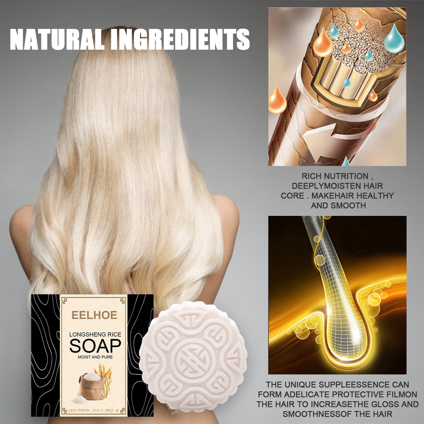 Eelhoe soap with blonde hair and product features on a gray background