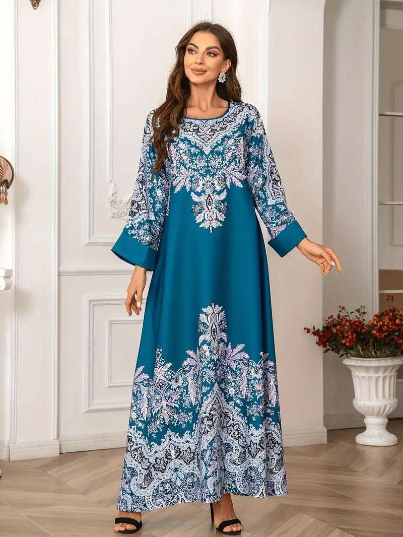 Printed Long Kaftan Dress - Long Sleeved, Round Neck With Bead Embellishment