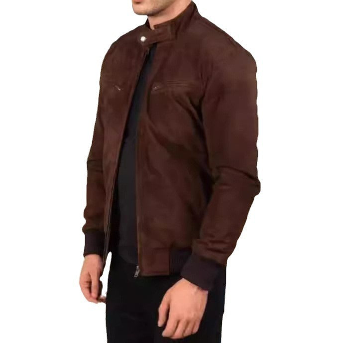 Brown jacket worn by a person on a white background