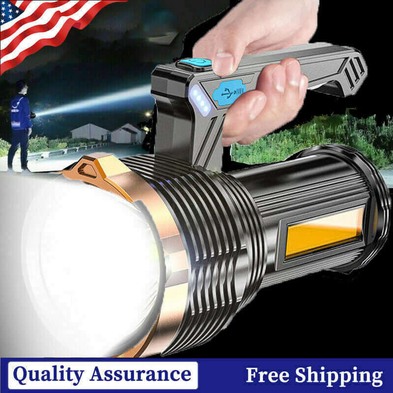 Black rechargeable LED flashlight held in hand with COB front and orange accent ring