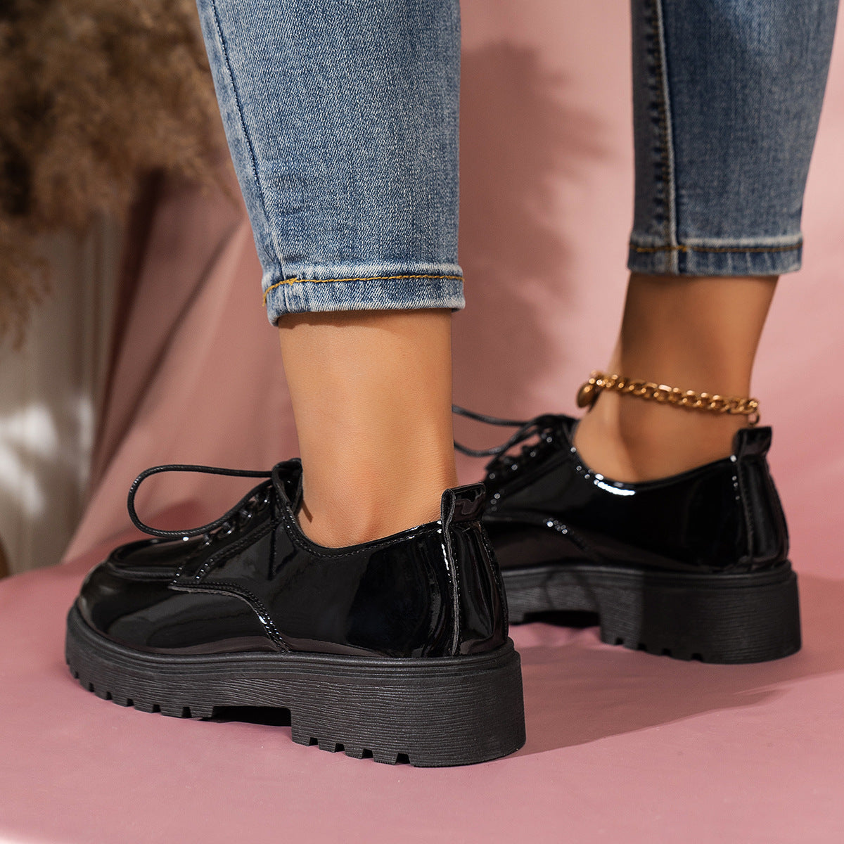 Retro Big Toe Lace-up Small Leather Shoes Women's Thick Sole Height Increasing