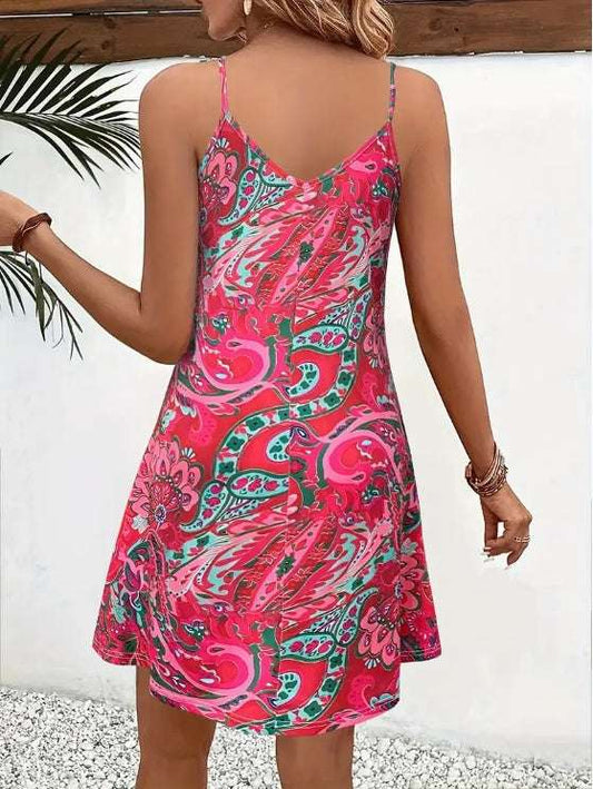 Paisley Print V Neck Cami Dress, Vacation Spaghetti Strap Mini Dress For Summer, Women's Clothing